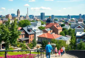 A picturesque neighborhood in Montreal with families and outdoor activities.
