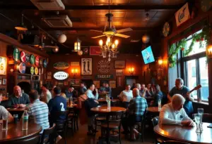 People enjoying drinks and live music at Mustang Harry's sports bar during 30th anniversary celebration.