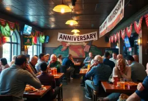 Patrons enjoying Mustang Harry's anniversary celebration with drinks and food.