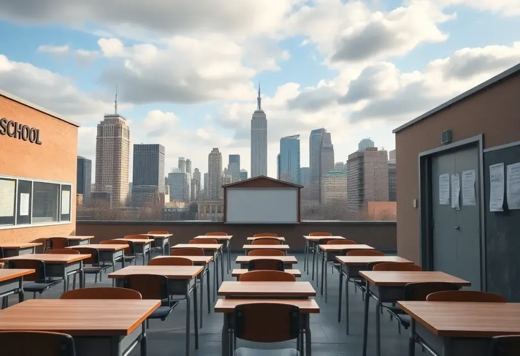 Illustration of a cityscape with educational themes, symbolizing the budget crisis affecting schools.