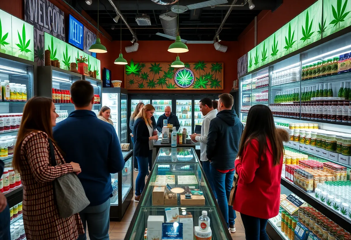 A lively cannabis dispensary in New York with customers and products on display.
