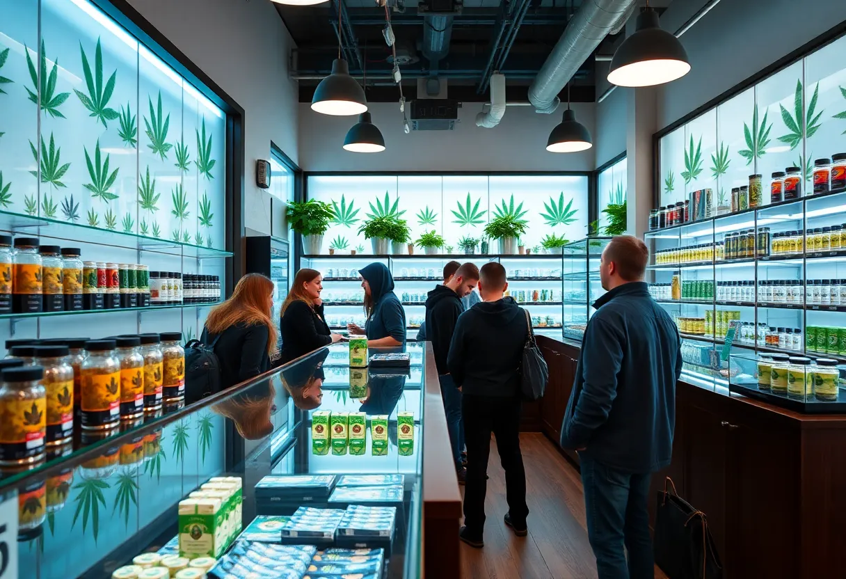 A bustling cannabis dispensary in New York City filled with products and customers.