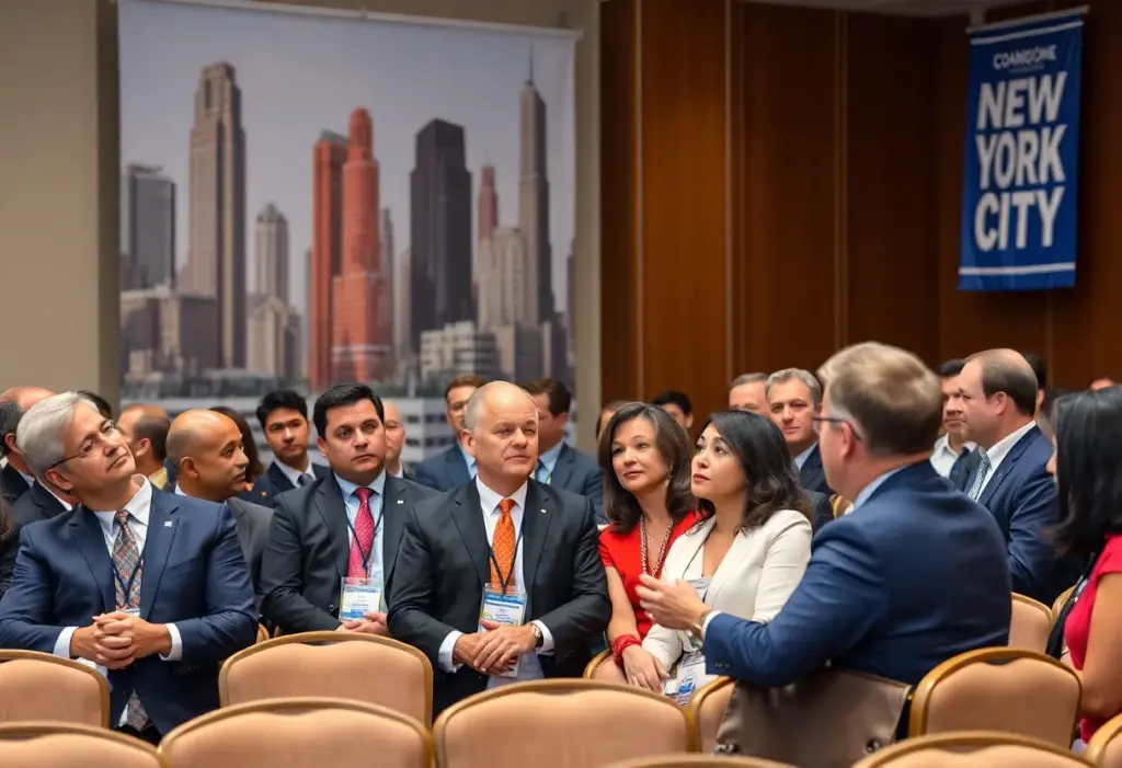 Business leaders discussing at a New York City event on competitiveness
