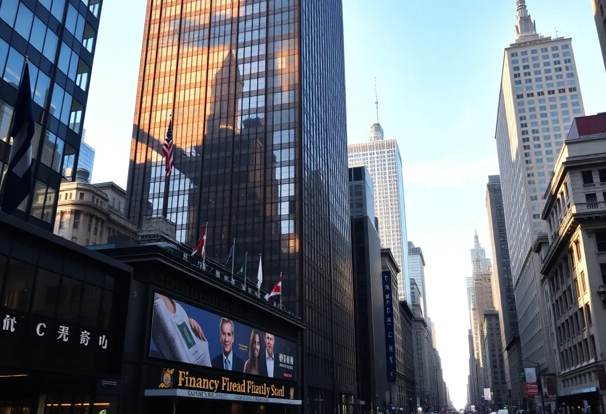 Cityscape of New York City showing financial district buildings
