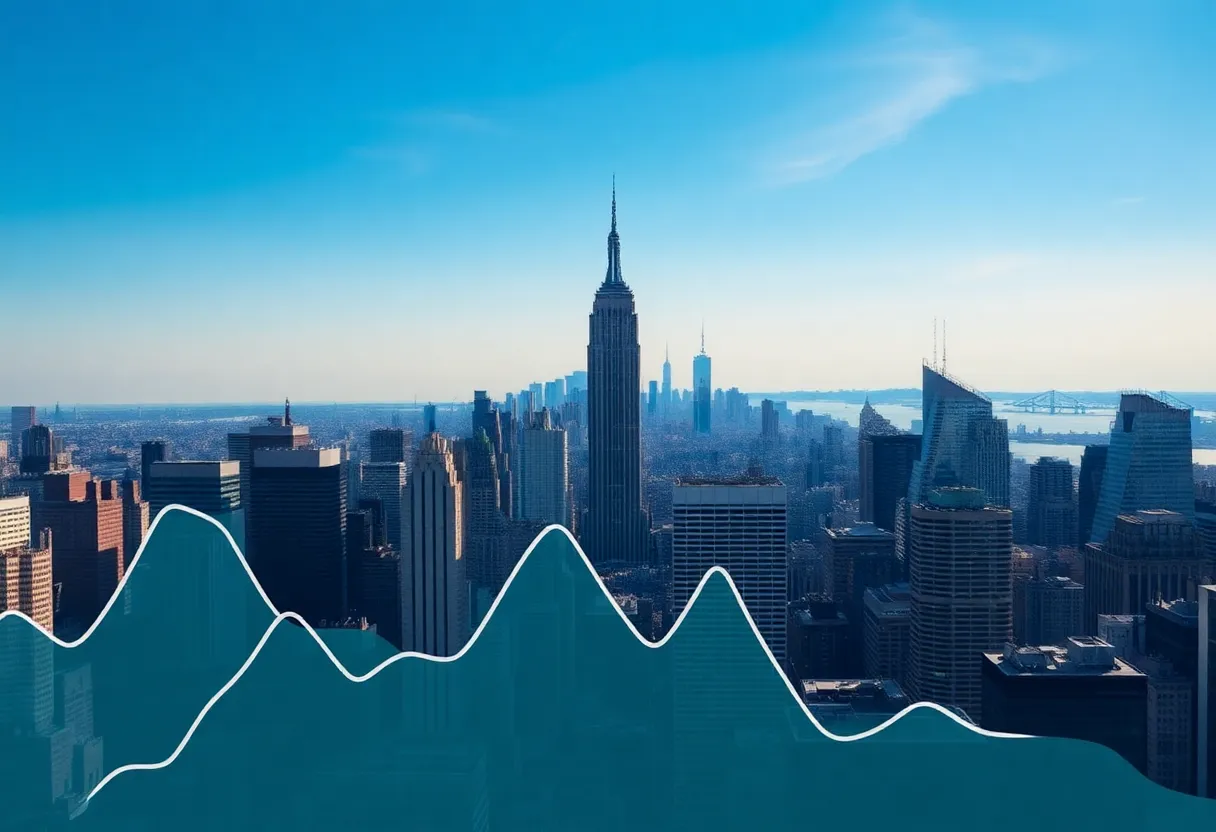 A skyline view of New York City showing financial district buildings.