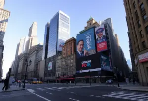 Urban landscape with campaign banners in New York City.