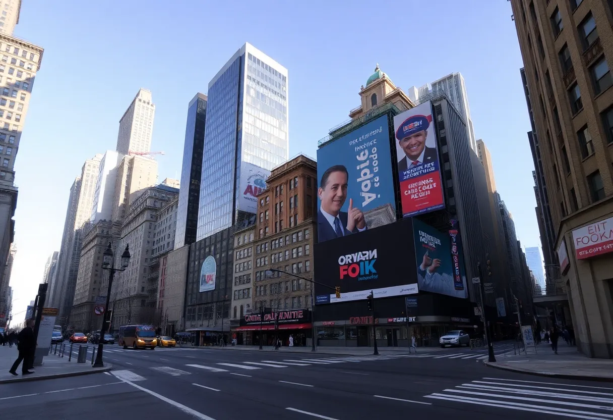 Urban landscape with campaign banners in New York City.
