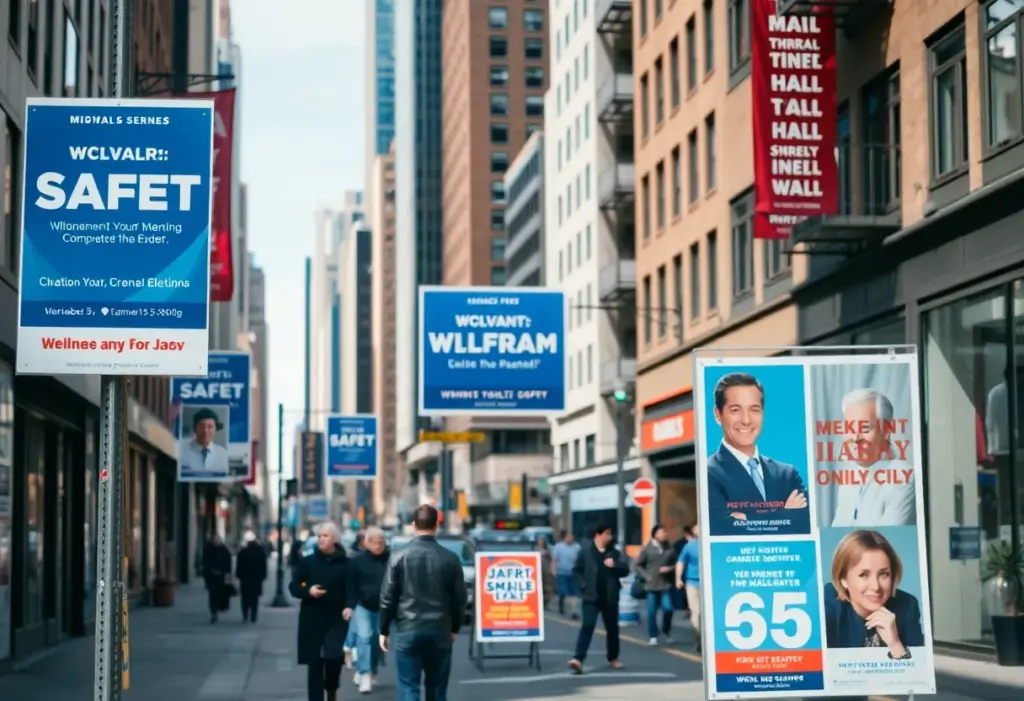 Campaign posters on a New York City street for the mayoral election illustrating community themes.