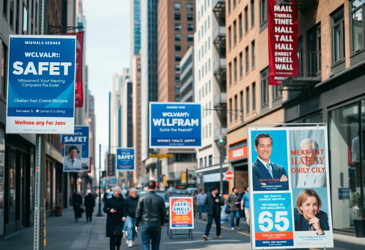 Campaign posters on a New York City street for the mayoral election illustrating community themes.