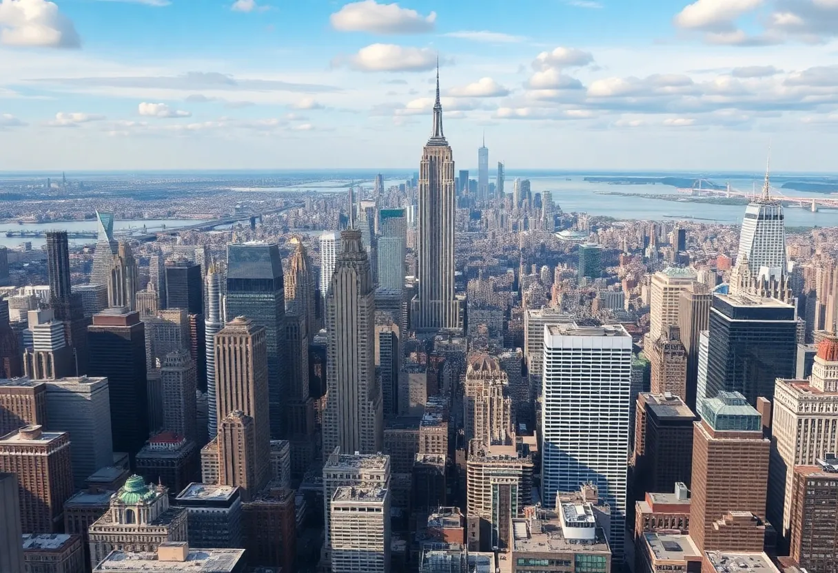 Aerial view of NYC skyline with election campaign signs