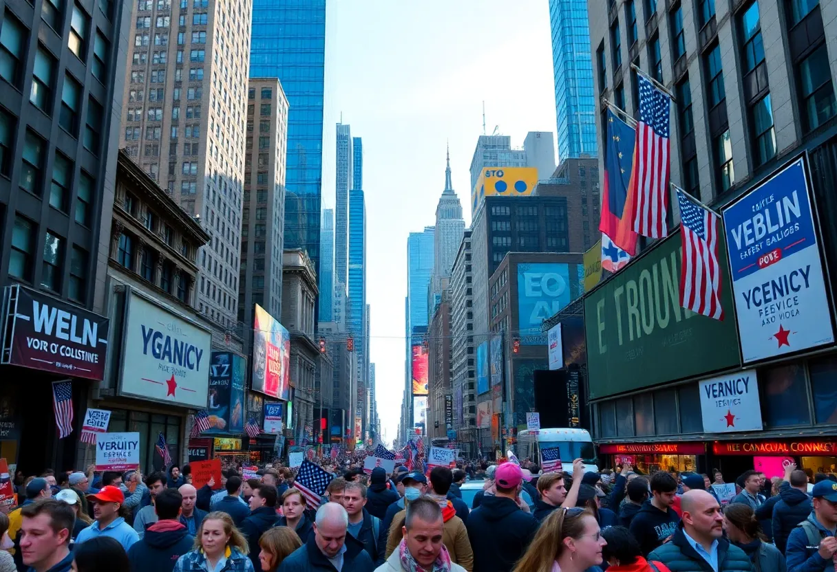 Campaign scene in New York City with election banners and crowds.