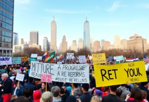 A large crowd at a political rally in New York City with banners for progressive causes.