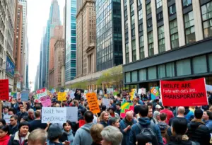 Crowd at a political rally in New York City advocating for universal childcare and public transportation