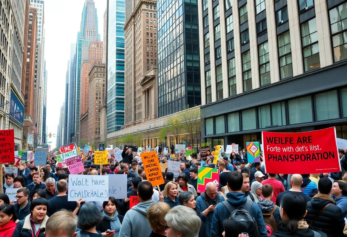 Crowd at a political rally in New York City advocating for universal childcare and public transportation