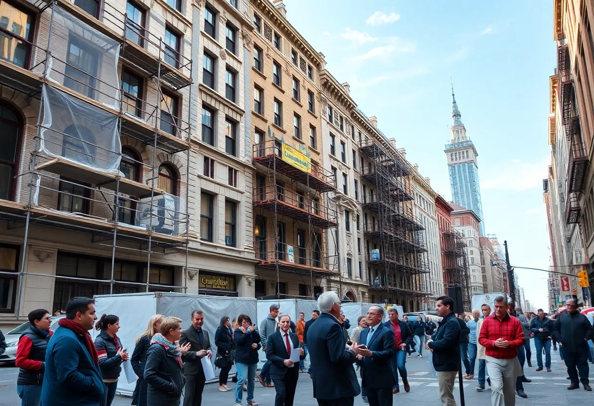 Scaffolding structures in New York City with activists discussing urban policies