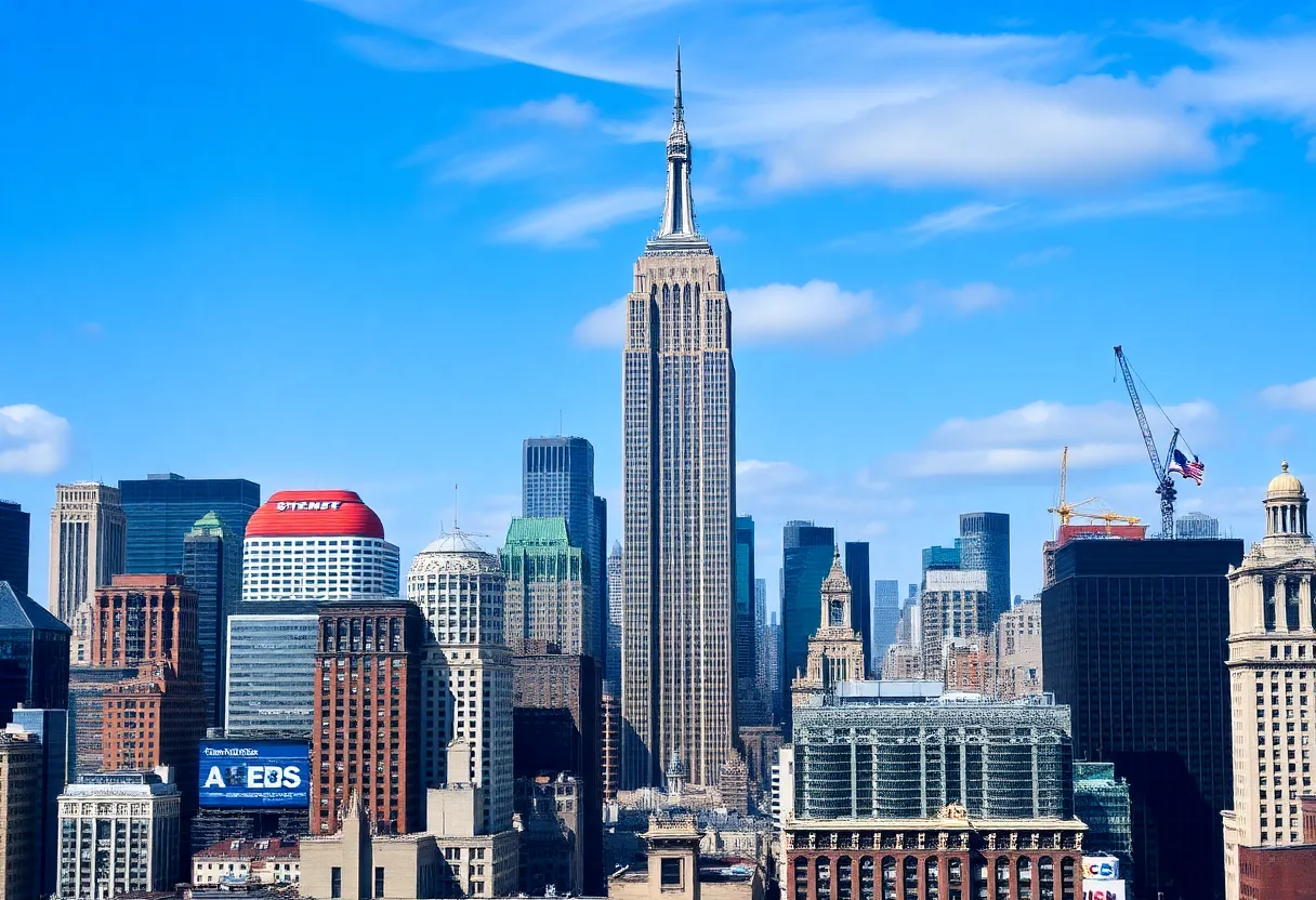 Skyline of New York City with contrasting economic symbols
