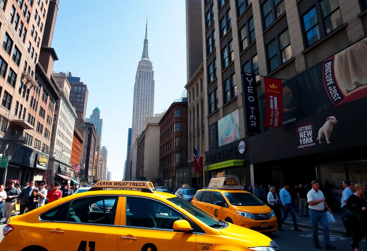 A busy New York City street with people and the Empire State Building