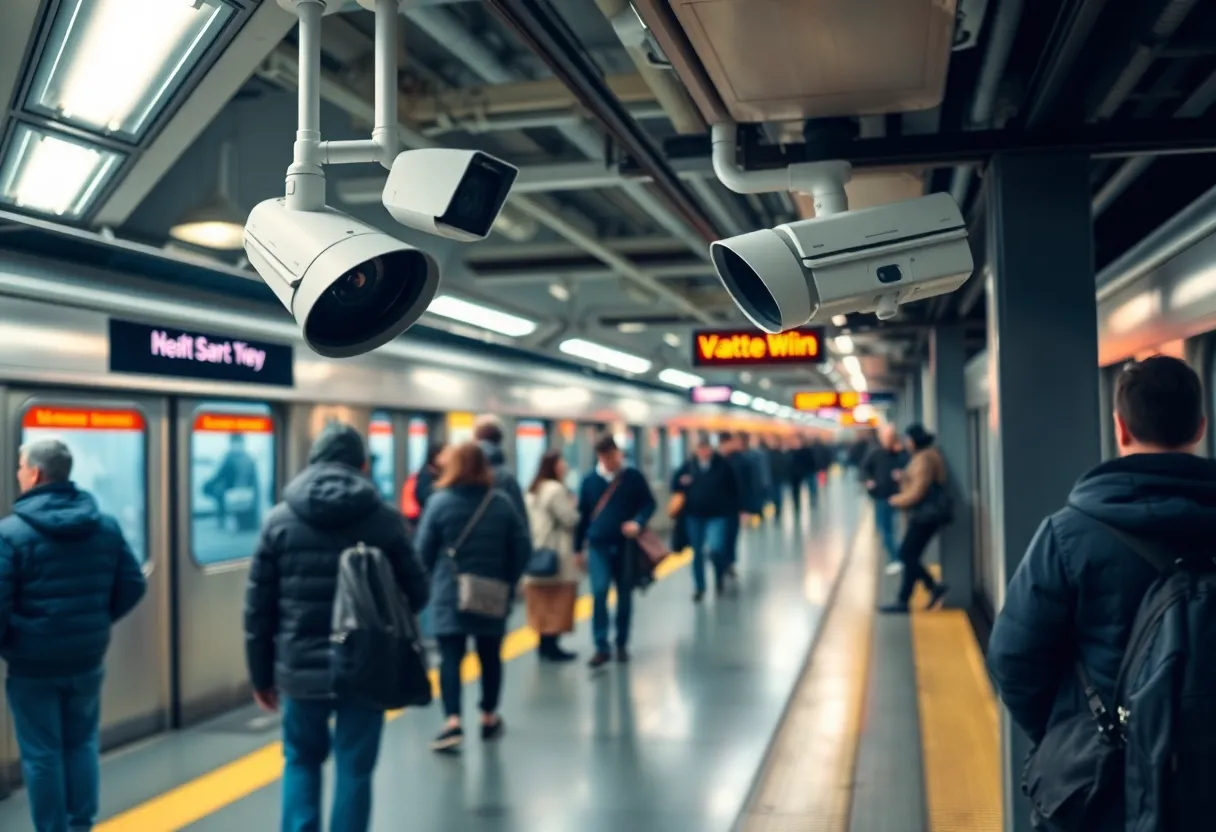 New York City subway riders on a platform with security cameras