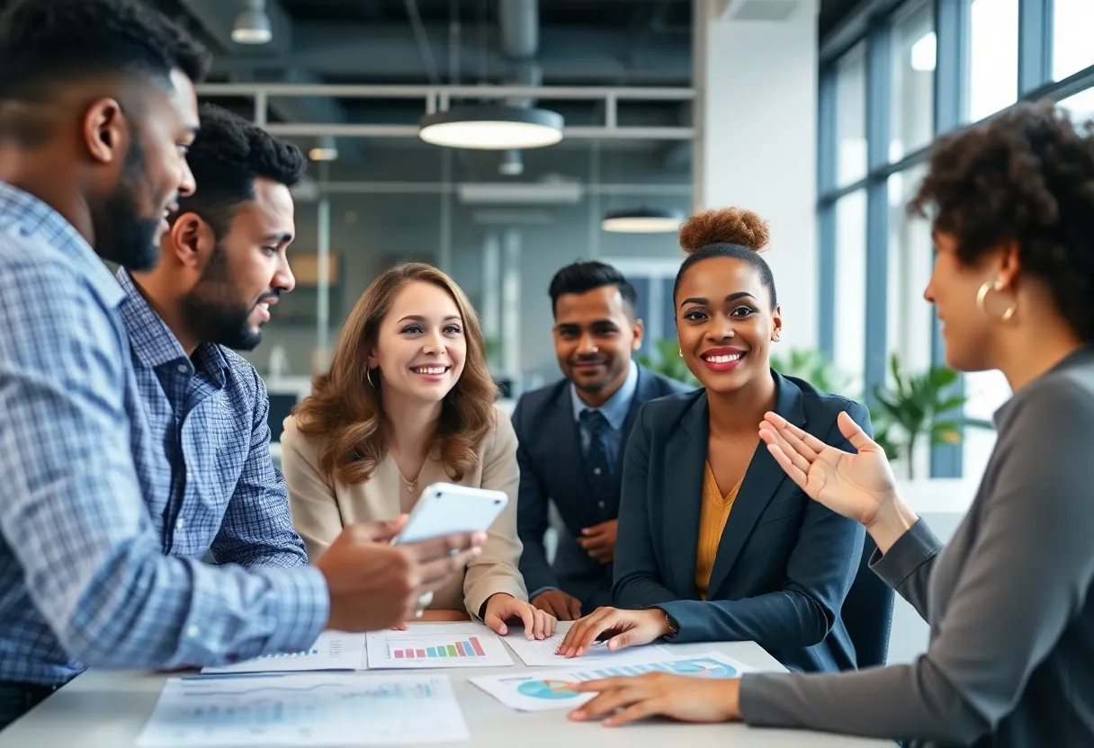 Employees discussing pay equity in a modern office environment.