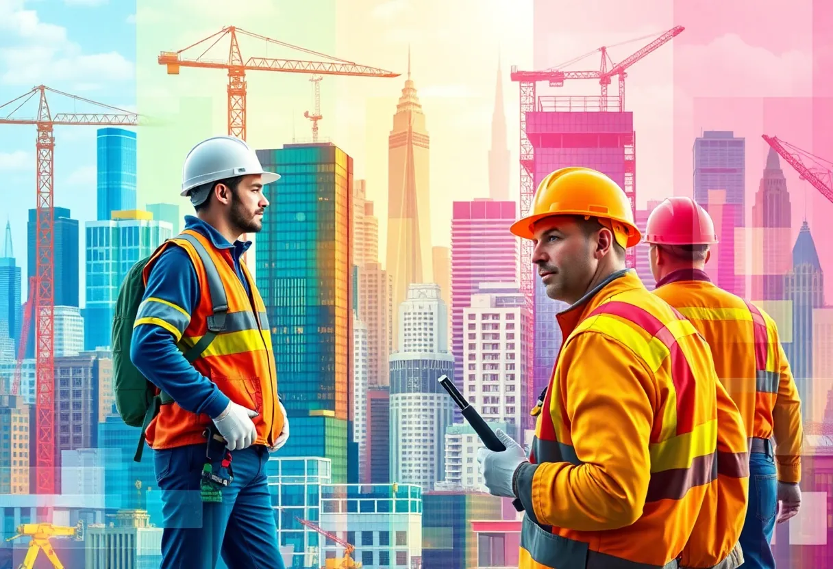 Construction workers collaborating on a site in New York, symbolizing safety regulations and development.