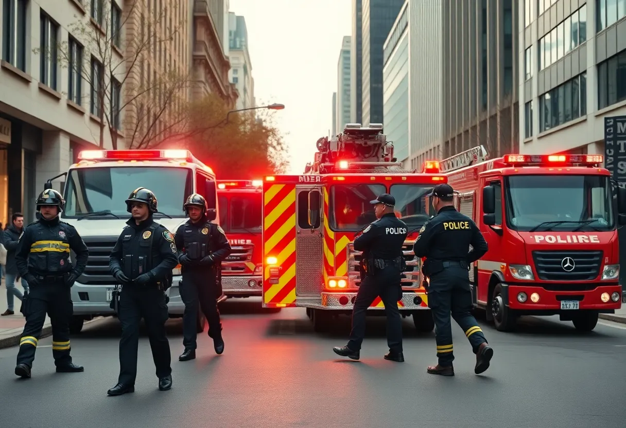 New York police and fire department units collaborating on counterterrorism efforts in an urban landscape.