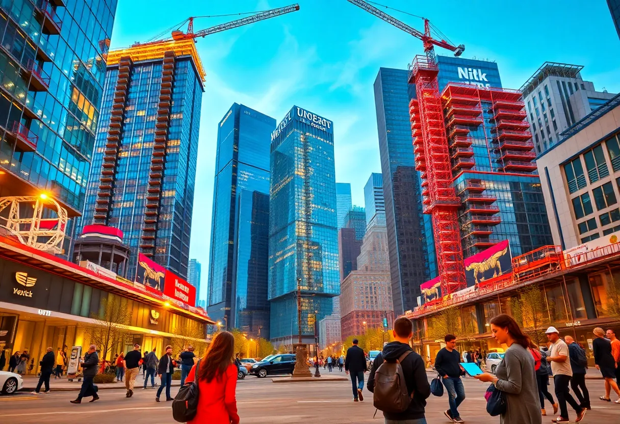 A bustling scene of downtown New York depicting construction and innovation.