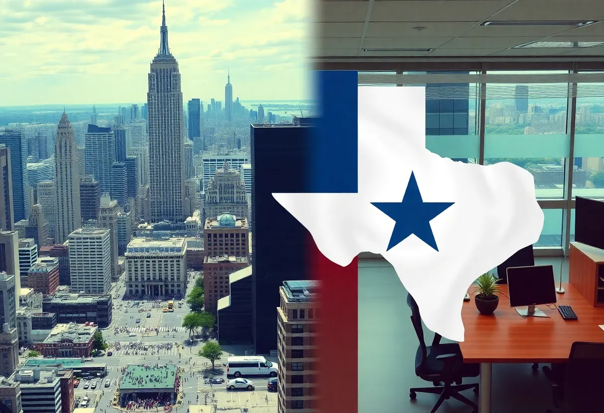 Illustration of New York City and Texas office setting representing economic shift