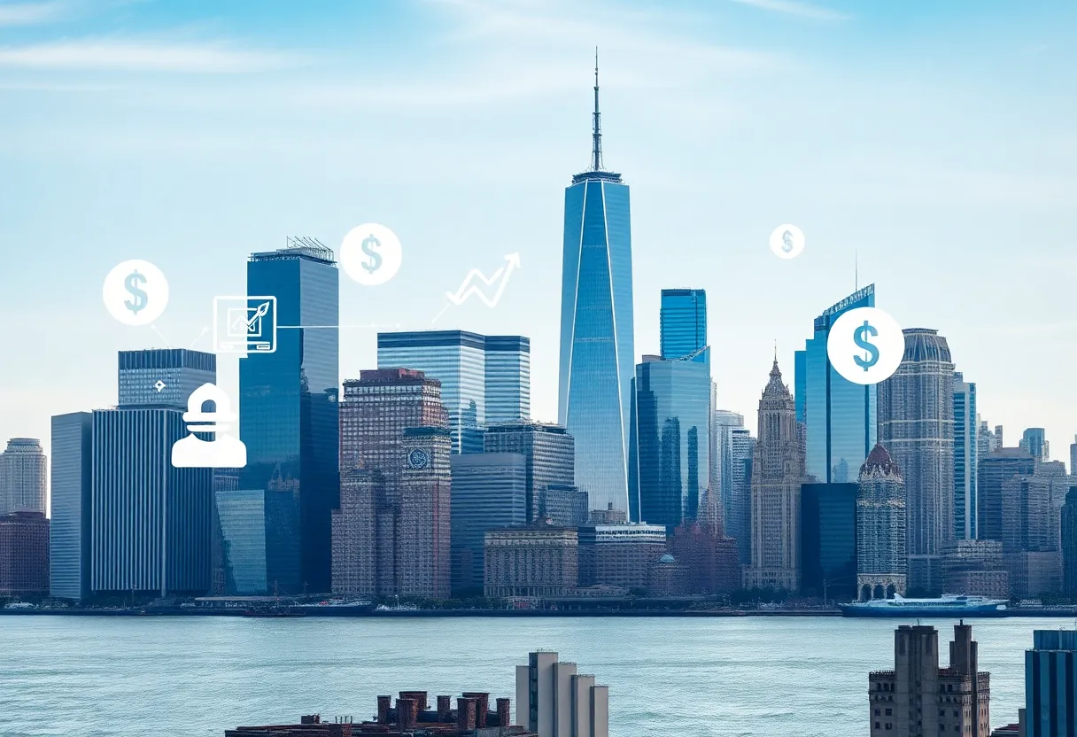 Abstract representation of financial regulations and innovation in New York.