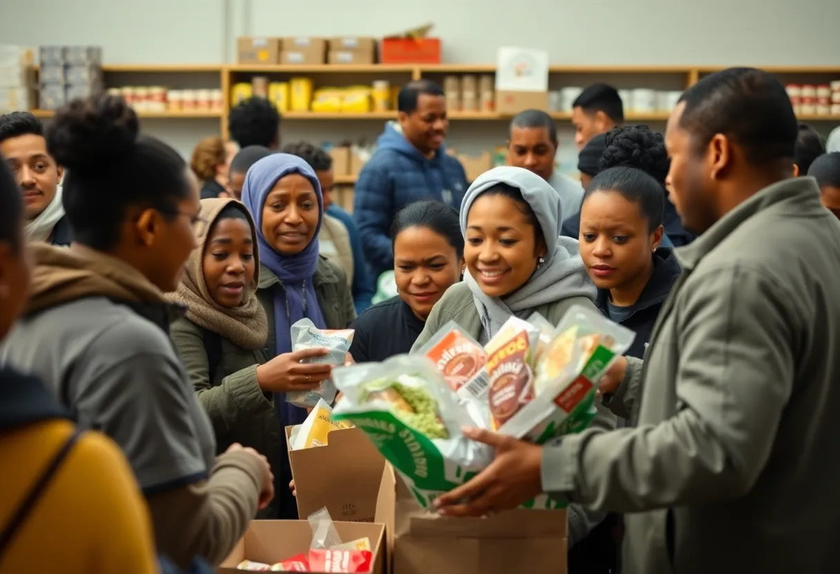 Urban food pantry in New York City with individuals receiving assistance