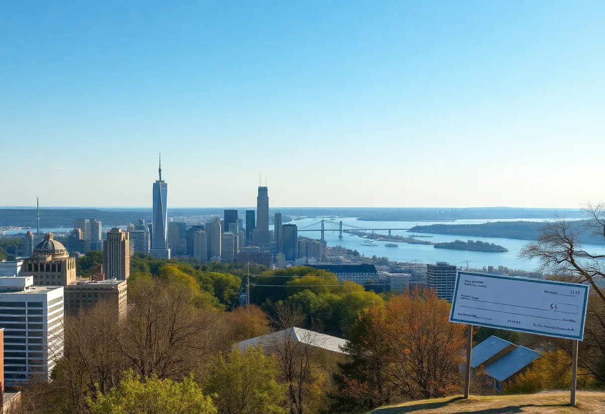 Scenic representation of New York State with financial symbols indicating inflation refund checks.