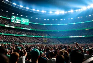 Fans celebrating at a New York Jets game with team logo flags