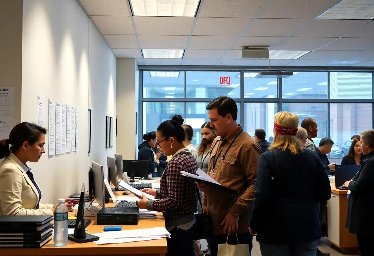 Busy New York SNAP office with staff assisting clients