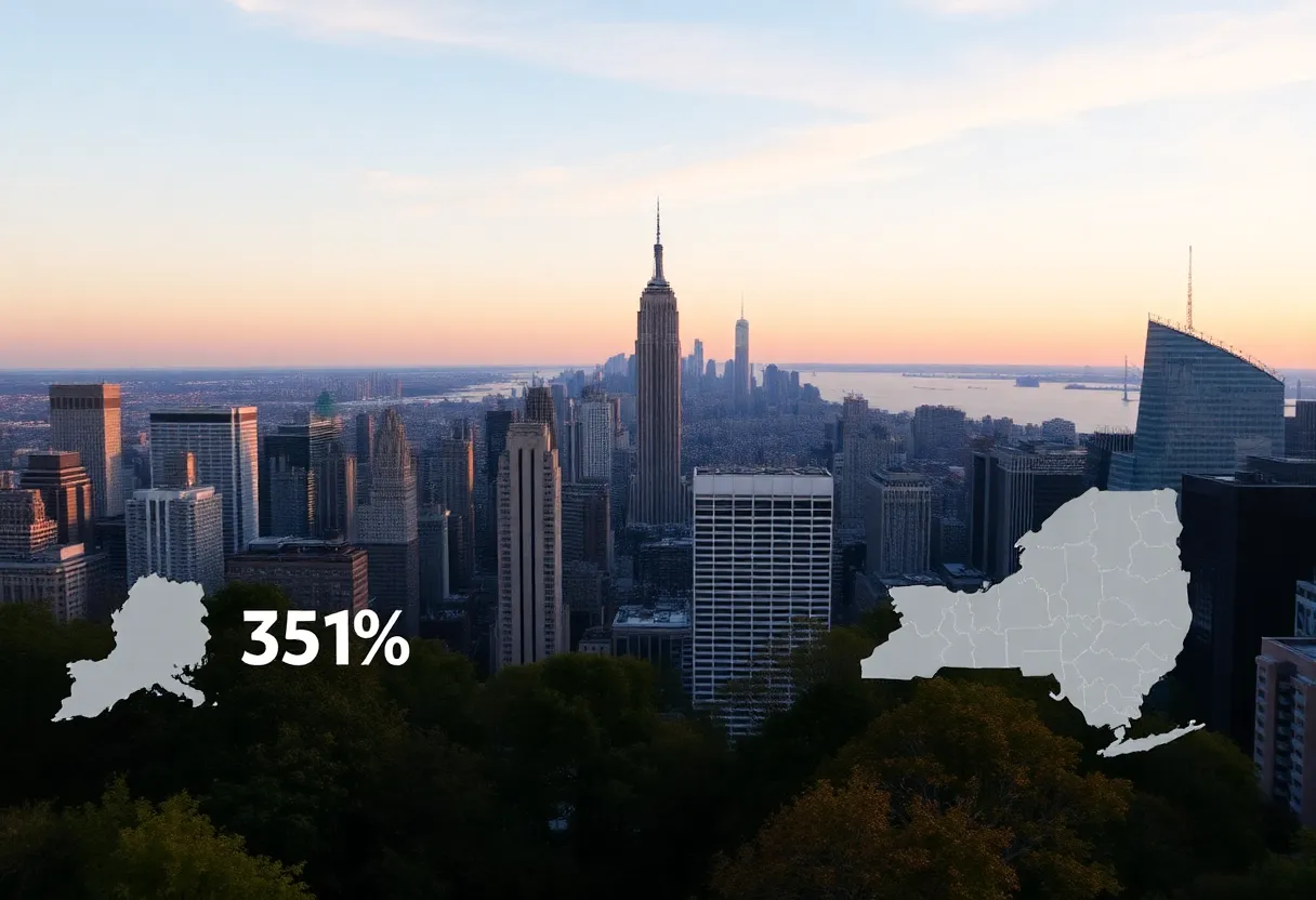 New York State skyline with employment statistics overlay