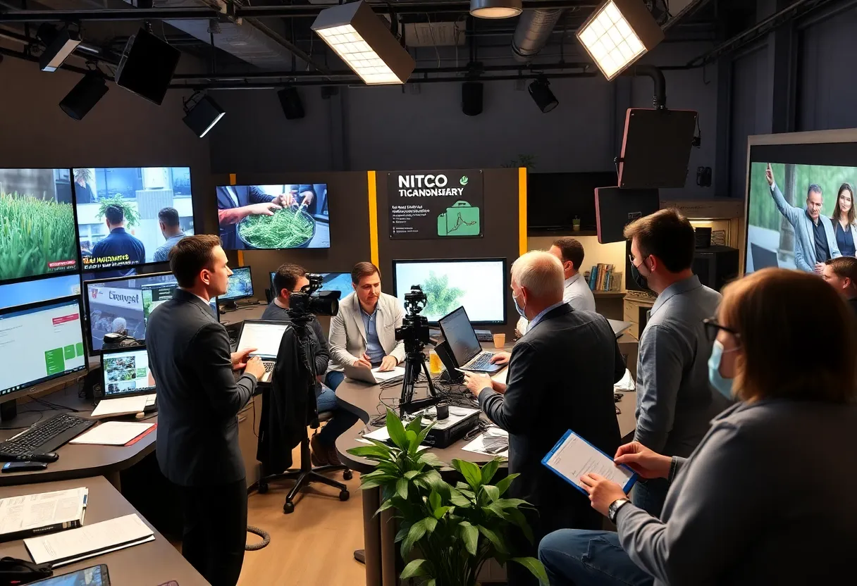 Journalists working in a modern newsroom