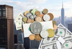 Collage of money symbols against New York City skyline
