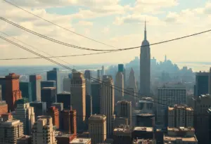 New York City skyline with power lines representing energy consumption