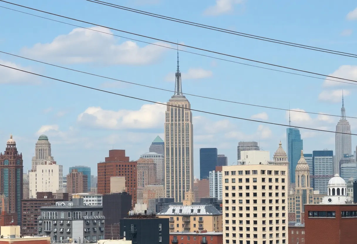 City of New York illustrating utility power lines against a backdrop of residential buildings