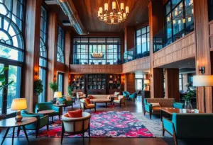 Lobby of Nine Orchard Hotel showcasing mid-century modern design