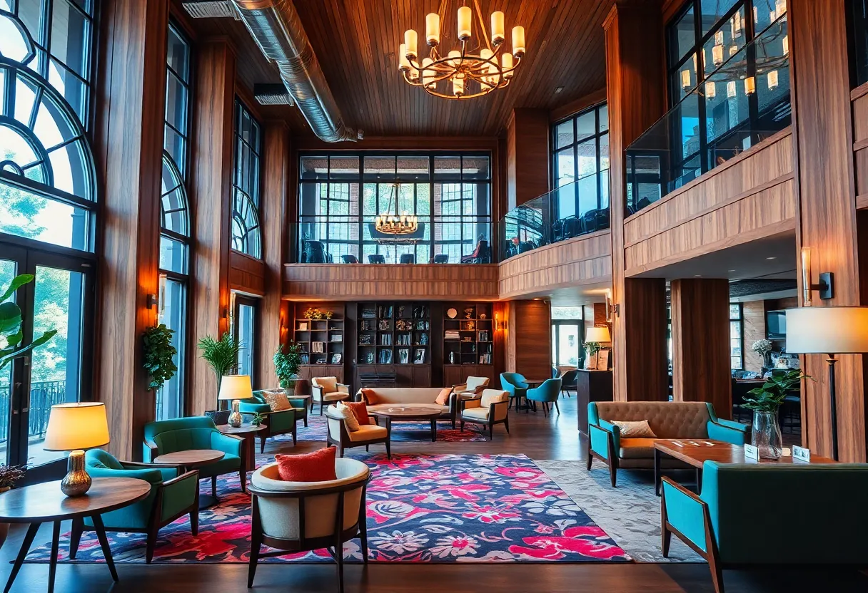Lobby of Nine Orchard Hotel showcasing mid-century modern design