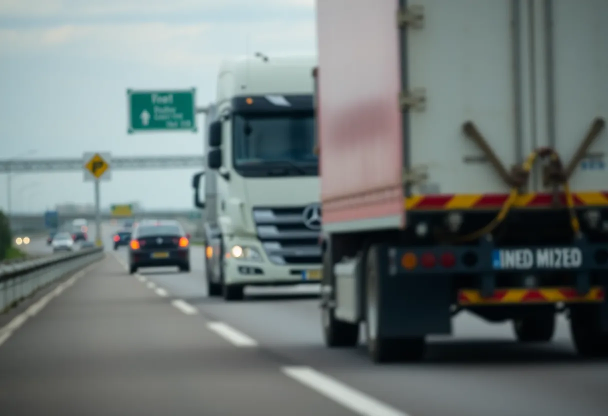 Image depicting a commercial truck on the highway with safety signs, symbolizing the CDL controversy.