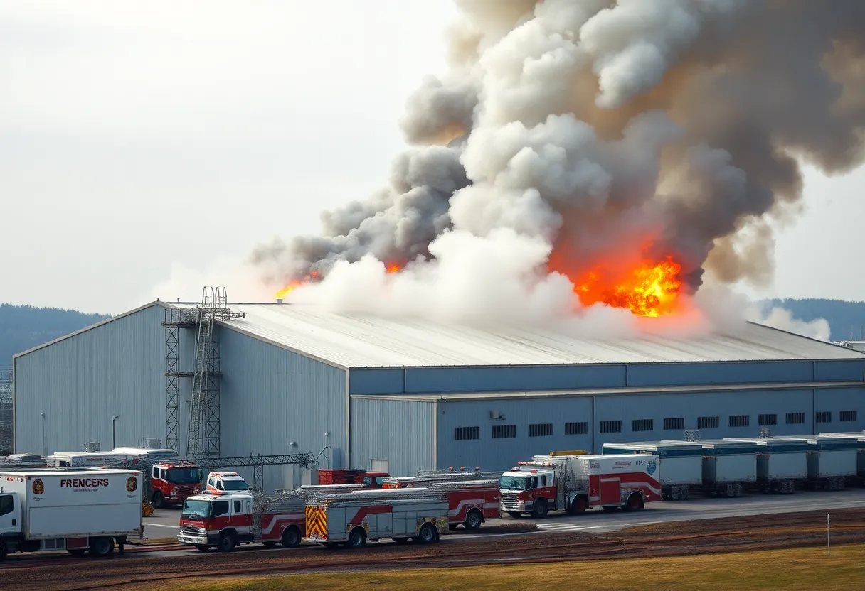 Firefighters battling a blaze at Novelis aluminum plant