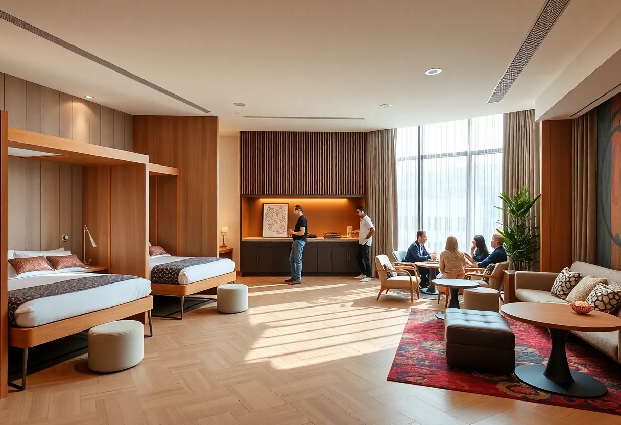 Interior view of Now Now NoHo hotel lobby with sleeper cabins
