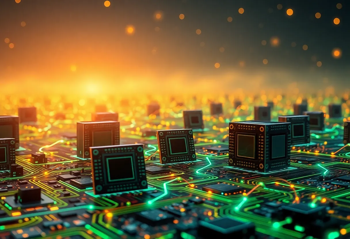 Visual representation of Nvidia reaching a $5 trillion market valuation with graphics processing units (GPUs) in the foreground.