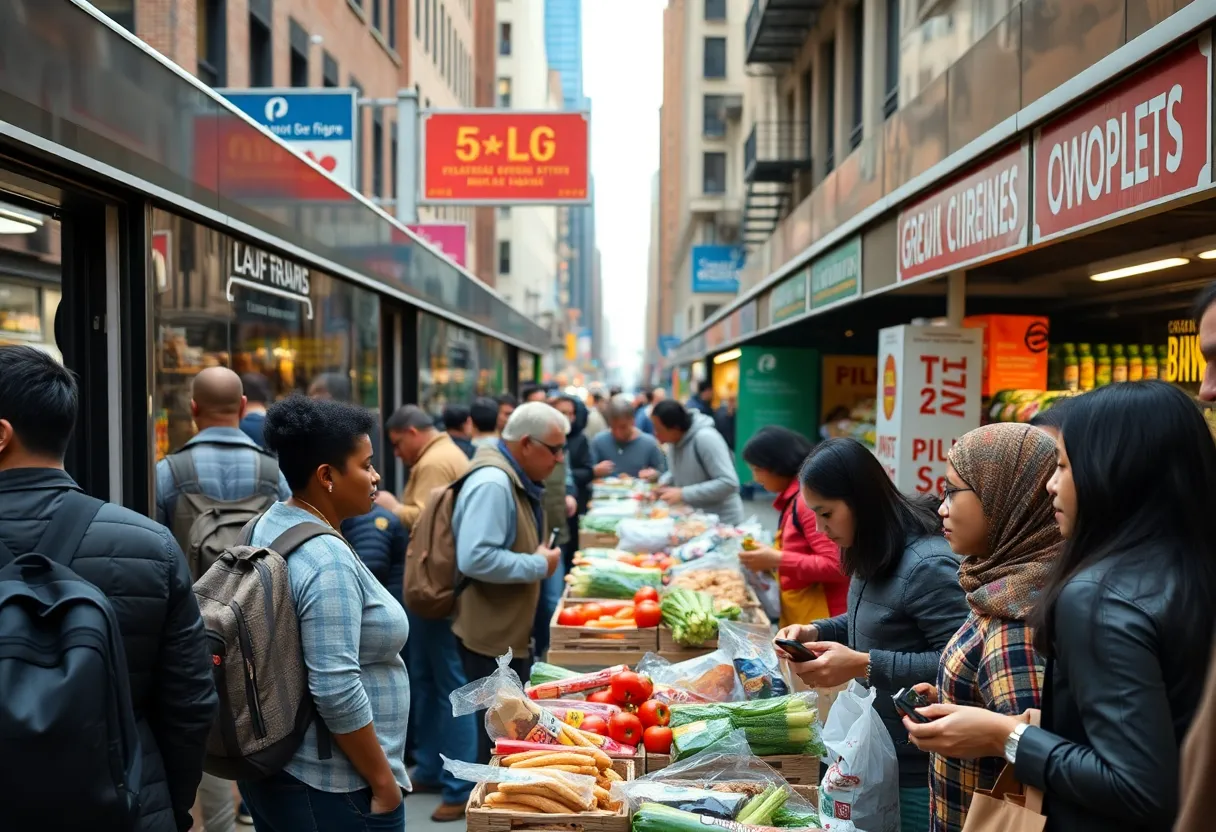 A vibrant scene in New York City highlighting public transportation and community grocery shopping.