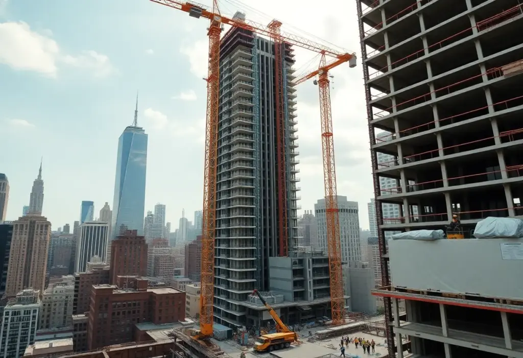 Construction site in New York City with cranes and workers