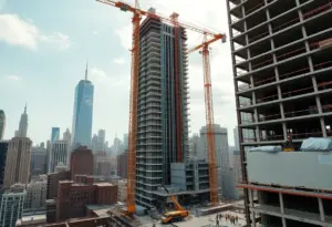 Construction site in New York City with cranes and workers