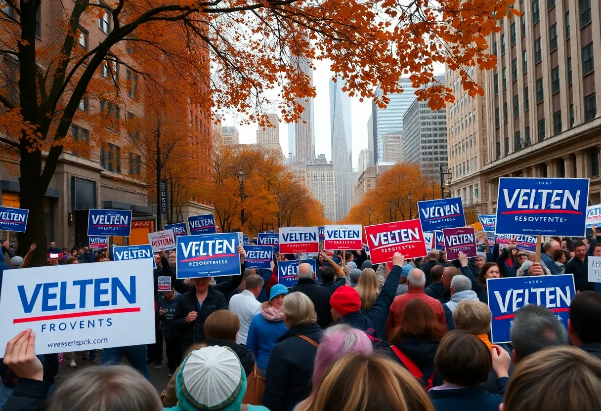 A bustling NYC election rally with supporters holding signs