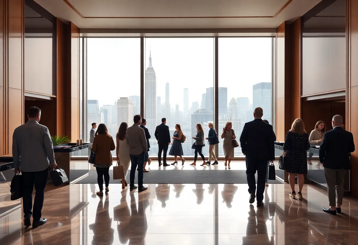A vibrant hotel lobby in New York City filled with guests.