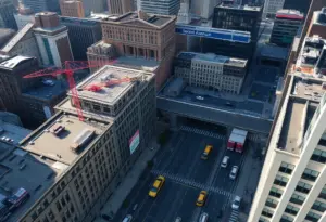 Aerial view of New York City showing construction sites and busy urban life.
