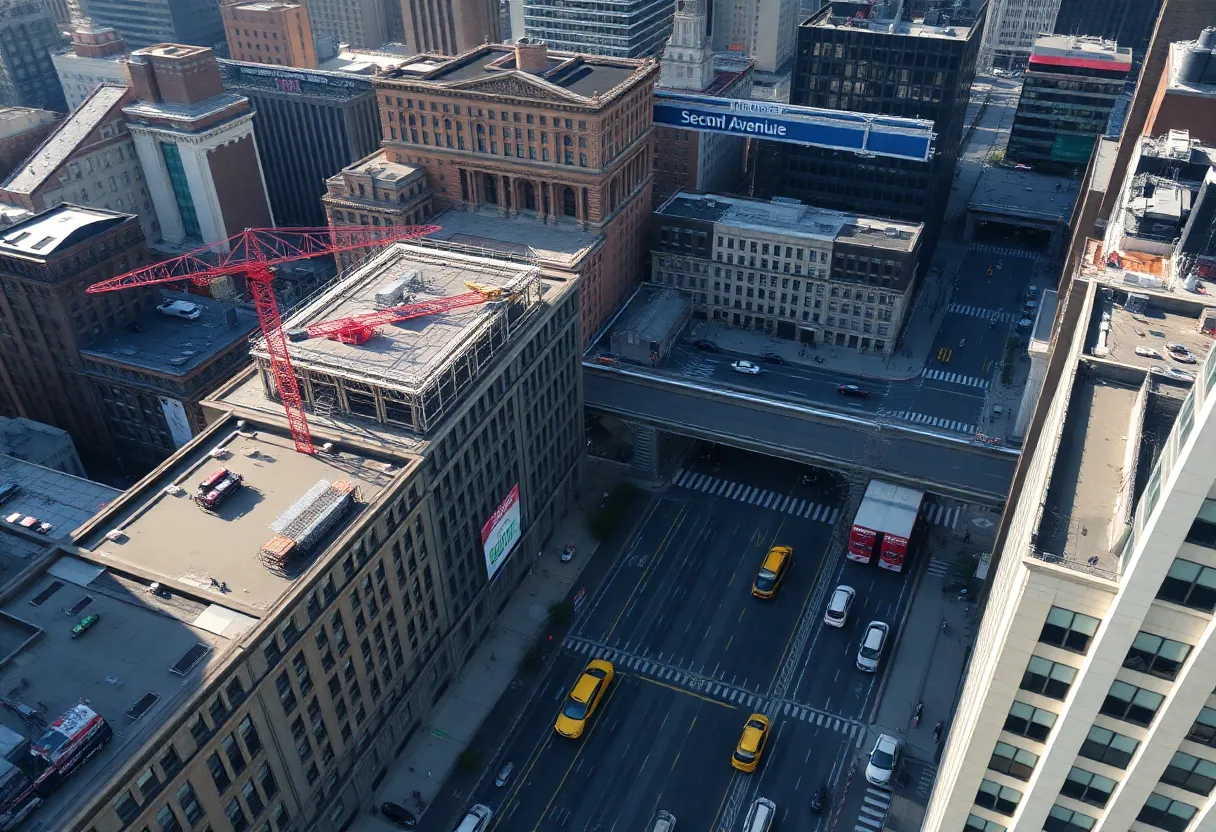 Aerial view of New York City showing construction sites and busy urban life.